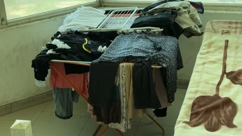 Indoor Laundry Drying Rack By Urban Window Video stock 341373874