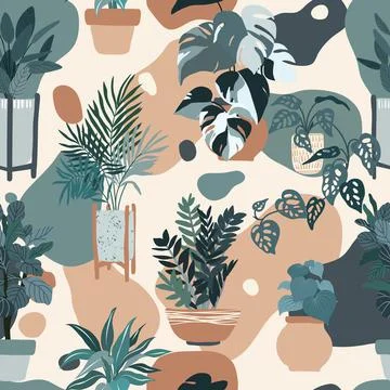 Indoor plants seamless pattern, hand drawn flat 스톡 일러스트