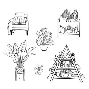 Indoor plants on a stand, a set of elements of the home garden. Black outline on Stock Illustration