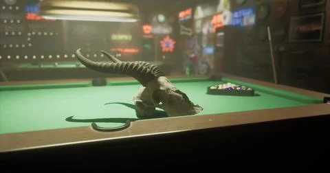 Indoor pool hall featuring a unique decoration with a skull in focus 스톡 일러스트