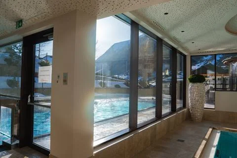Indoor Pool with Mountain View at Luxury Hotel in Ischgl, Austria 스톡 사진