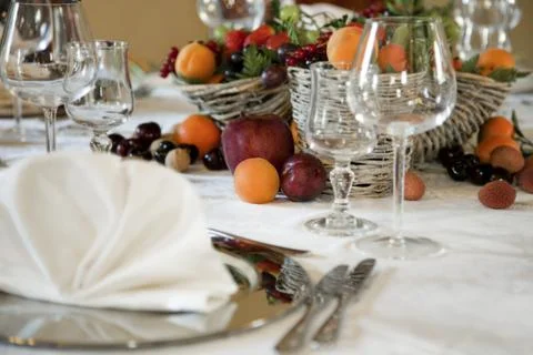 Indoor restaurant table setting for wedding Stock Photos