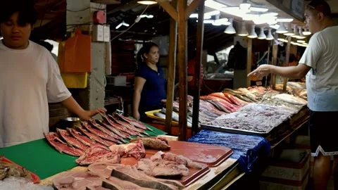 Indoor scene showing stallowners and customers at a section of Iloilo City fish Stock Footage 346791753