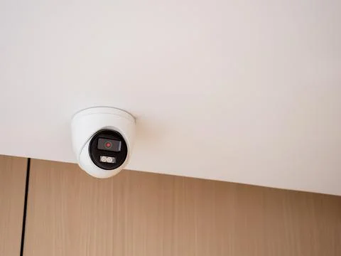 Indoor security camera mounted on ceiling in modern building, representing .. Stock Photos