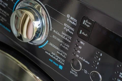 Indoor setting close-up view of washing machine control panel user interfac.. Stock Photos