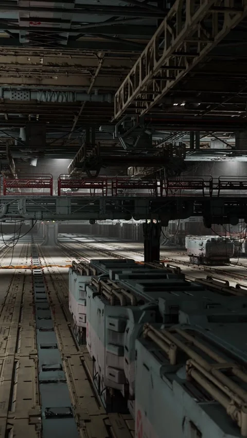 Indoor train yard bathed in cinematic light with parked engines Stock Footage 326205983