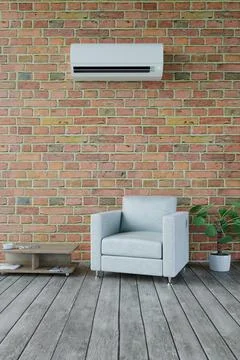 Indoor unit of the air conditioner on the background of a brick wall	 3d Stock Illustration