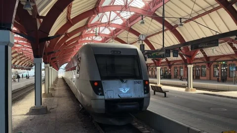 Indoor view of train at platform inside Malmo Central Station, Sweden Stock Footage 339286911