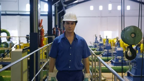Indoors, Day, Looking At Camera, Front View, Blue Collar Worker, Industry, Dolly Stock Footage 94010499
