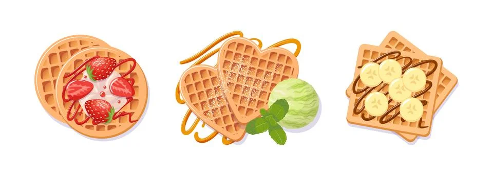 Indulge in an array of delightful waffles generously topped with fresh Stock Illustration