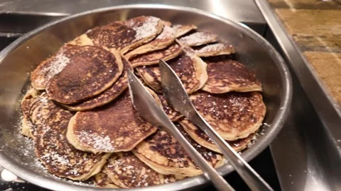 Indulgent Breakfast Pancakes and Bread Pudding at Luxury Buffet Video stock 318926427