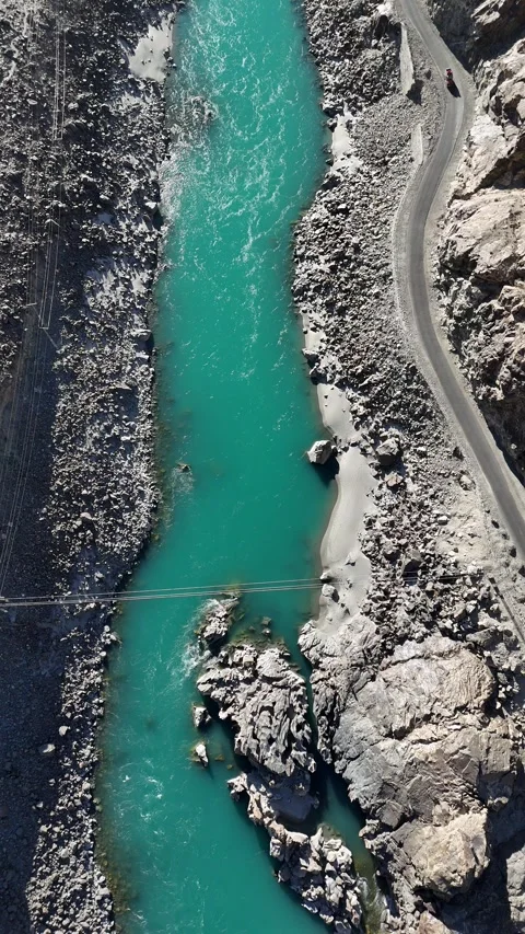 Indus River and Rugged Mountain Terrain from Above, Pakistan Stock Footage 345783809