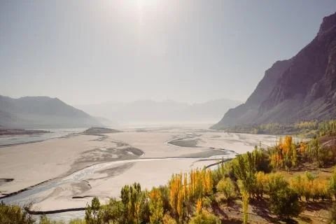 Indus river flowing through Katpana cold desert in Skardu. Pakistan. Stock Photos