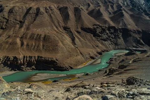 The Indus river through Ladakh, including the capital city of Leh Stock Photos