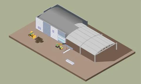 Indusrial warehouse building process. Isometric illustration of house Stock Illustration