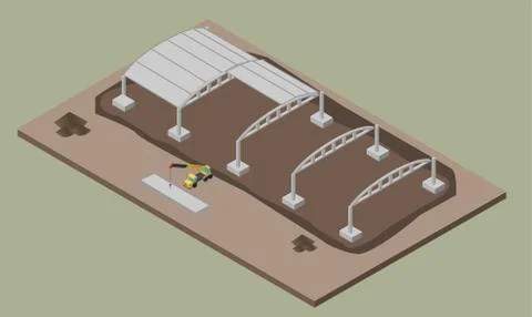 Indusrial warehouse building process. Isometric illustration of house Stock Illustration