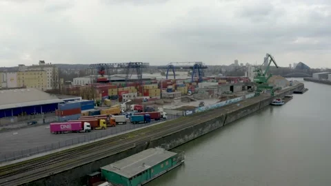 Industral Cargo Area By the River Drone Flight Stock Footage 150793891