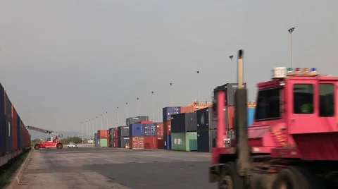 Industrial 2 Crane Cargo Loader Container Zone Carriage Bogie Dolly Delivery Stock Footage 47592090