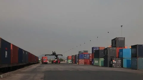 Industrial 3 Crane Cargo Loader Container Cart Trolley Carriage Bogie Dolly Stock Footage 47588387