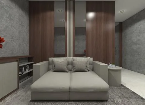 Industrial 3D interior rendering of a minimalist sofa bed with a wooden panel. Ilustração Stock