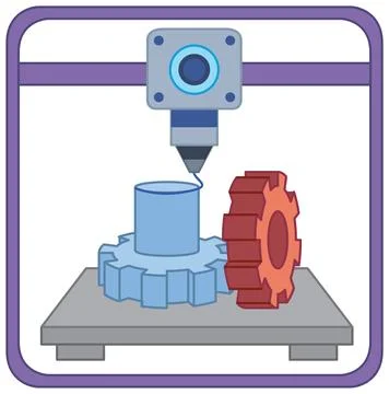 Industrial 3D Printer Creating Mechanical Gears and Components in Vector Styl Stock Illustration