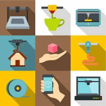Industrial 3d printer icons set, flat style Illustrazione stock