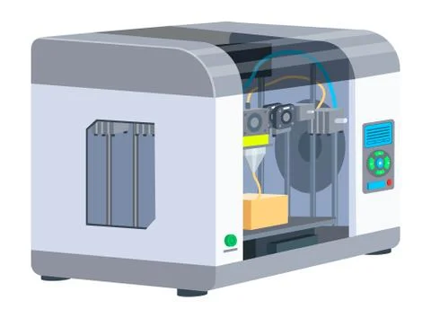 Industrial 3D printer prints a box. Print house equipment, digital model of a Stock Illustration
