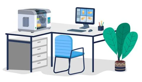 Industrial 3D printer prints a box concept. Print house equipment on the table Stock Illustration