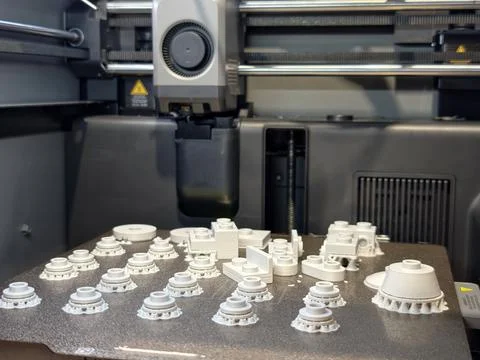 Industrial 3D printer producing multiple plastic components Stock Photos