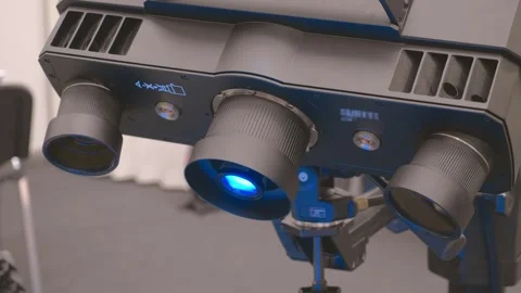 Industrial 3D scanner captures data from a part rotated on specialized equipment Stock Footage 333388630