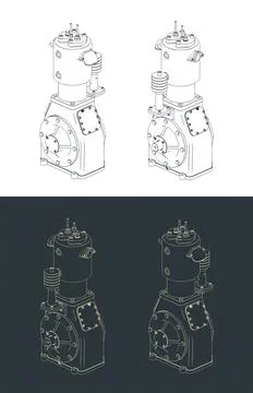 Industrial air compressor isometric technical drawings Stock Illustration