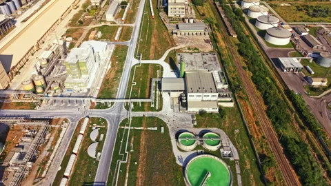 Industrial area with processing facilities and storage tanks viewed from above Video stock 341382096