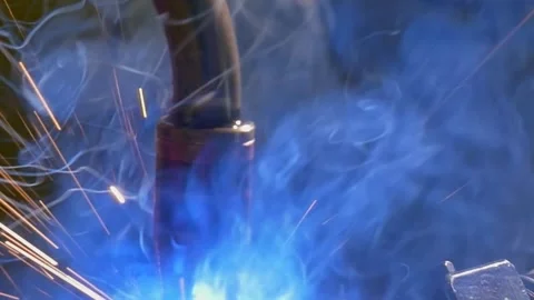 Industrial Argon Welding Robot Creates Beautiful Sparks on Metal Pipes Stock Footage 340486677