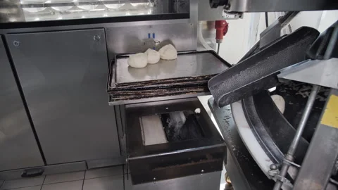 Industrial automatic bakery production. Processing of dough pieces. Stock Footage 321403936