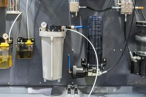 Industrial automatic lubrication system panel with oil filters, pneumatic tub Stock Photos