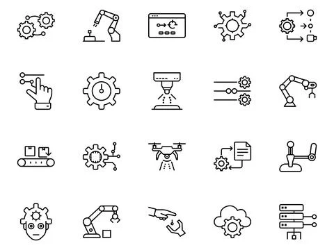 Industrial Automation and Robotic Engineering Line Icon Set Vector Stock Illustration