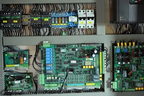 Industrial automation control panel with printed circuit boards. Stockfoto's