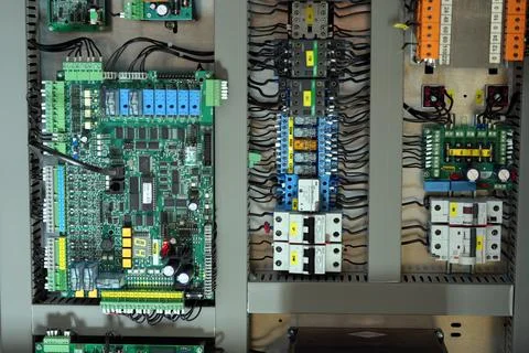 Industrial automation control panel with printed circuit boards. Foto stock