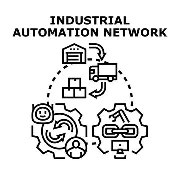 Industrial automation network connecting smart factory elements Ilustração Stock