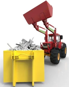 Industrial background with skip and bulldozer 3d rendering Stock Illustration