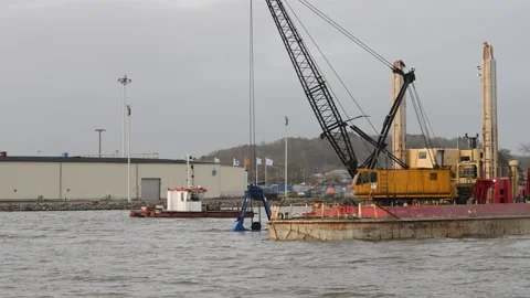 Industrial Barge Doing Maintenance Dredging in Gothenburg Stock Footage 173369465