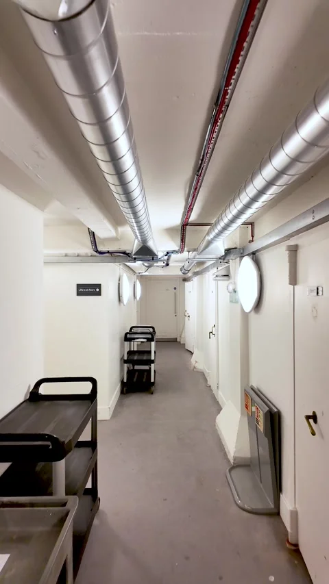 An industrial basement corridor with exposed ductwork and white walls Utility Stock Footage 327787952