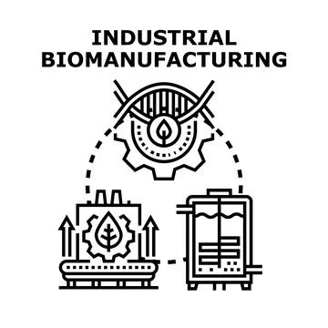 Industrial biomanufacturing process transforming raw materials into products Stock Illustration