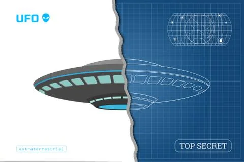 Industrial blueprint of UFO. Technical document with alien spaceship drawing Stock Illustration