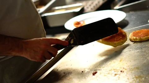 Industrial Breakfast Serving of Egg &amp; Pancakes Stock Footage 125338900