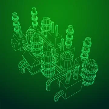 Industrial building factorie facilitie power plant. Wireframe low poly mesh Ilustración de archivo