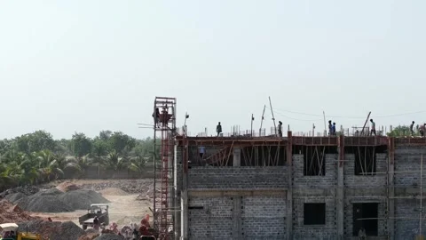 Industrial Building Site with Construction Workers Casting Concrete and Steel Stock Footage 344091823