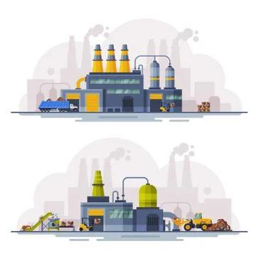 Industrial Buildings Set, Waste Processing Factories, Recycling of Garbage for Stock Illustration