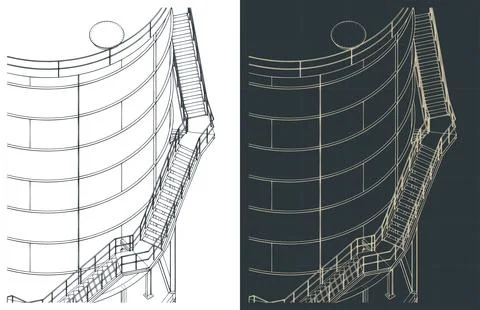 Industrial bulk flaky cement silo close-up isometric technical drawings Stock Illustration