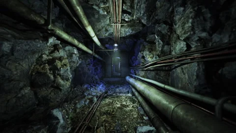 Industrial bunker corridor. Corridor featuring heavy pipes and damp textures Stock Footage 330171262
